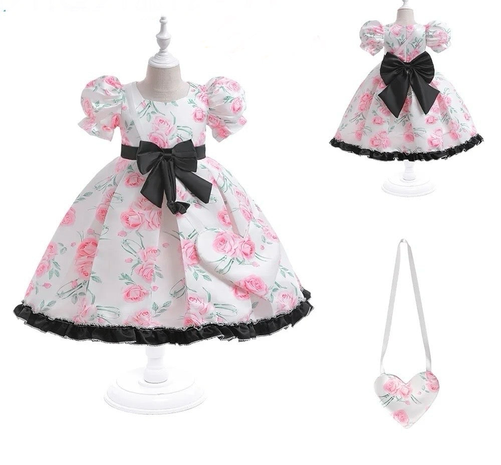 Satin silk printed frock with detachable Bow