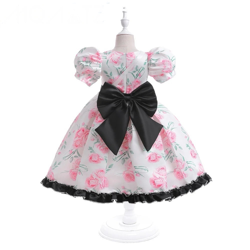 Satin silk printed frock with detachable Bow